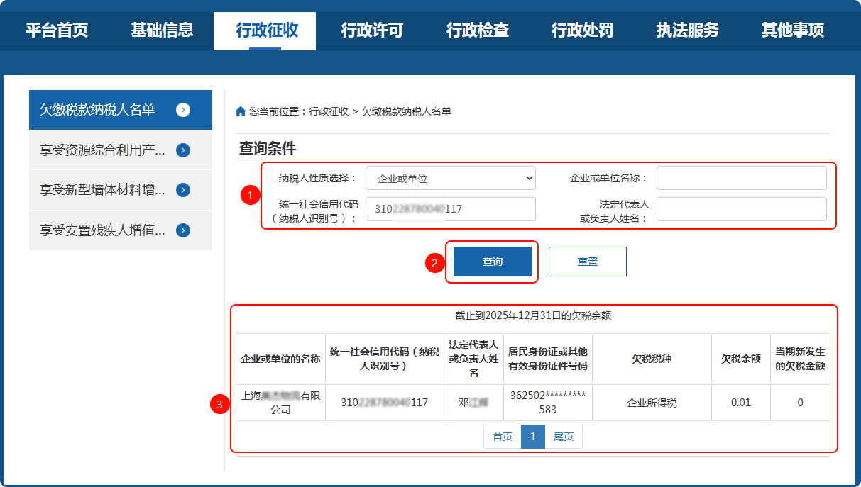 欠税信息查询示例